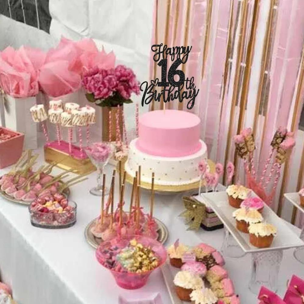 Schwarzer Tortenaufsatz zum 16. Geburtstag – Süße 16. Geburtstagskuchendekoration, elegantes schwarzes Glitzer-Partyzubehör für Mädchen und Jungen – Detail 5