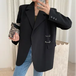 Giacca Casual Oversize nera da donna New risvolto manica lunga Blazer allentato Fashion Pin Office Ladies Suits Coat primavera autunno 2023