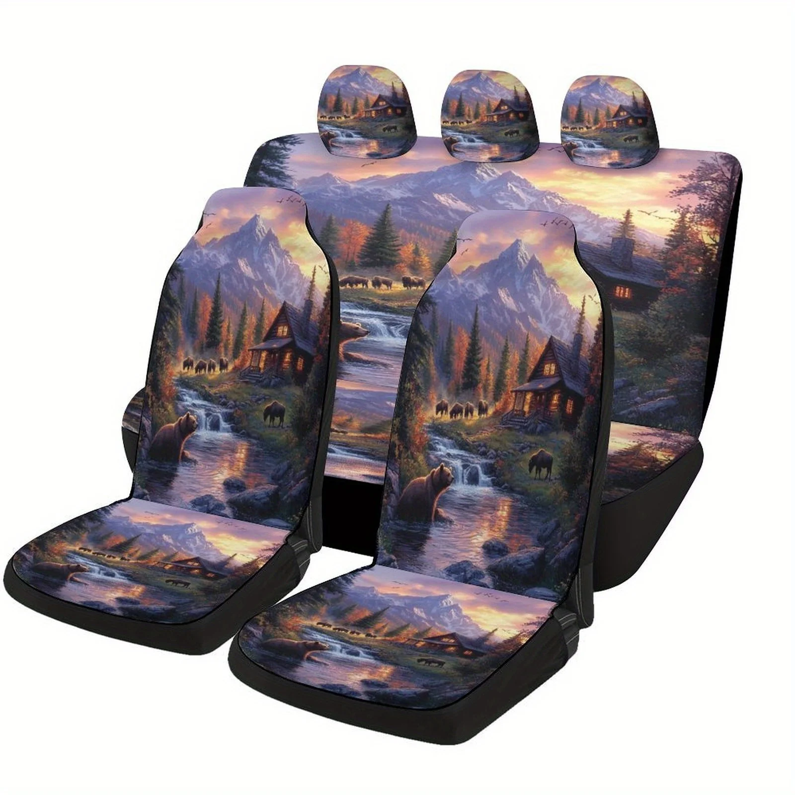 

Set Of Car Seat Covers Designed With A Mountain Cabin Retreat Theme, Suitable For Most Vehicles. This Trendy Novelty Set Include