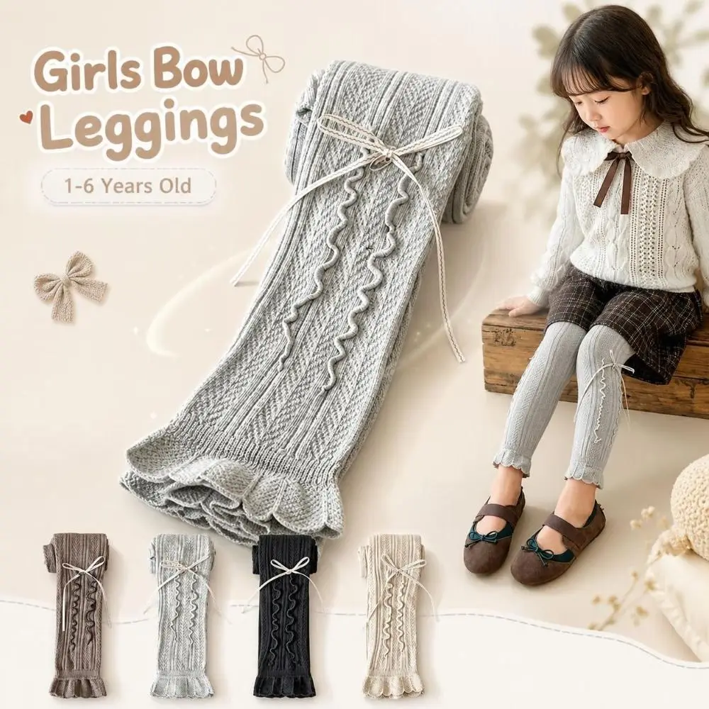 Sweet Ruffled Girls Bow Leggings Knitted Cotton Kids Pantyhose Thin Stretchy Children Tights 1-6 Years Old