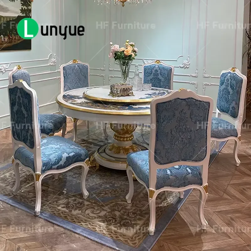 European Round Dining Table Set with Chairs Luxury Antique Style Kitchen Restaurant Furniture High End Home Decor