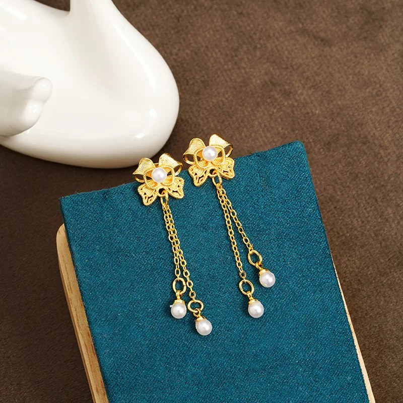 

Luxury 24K 9999 Pure Gold real gold Women's Pearl Bow Drop Earrings