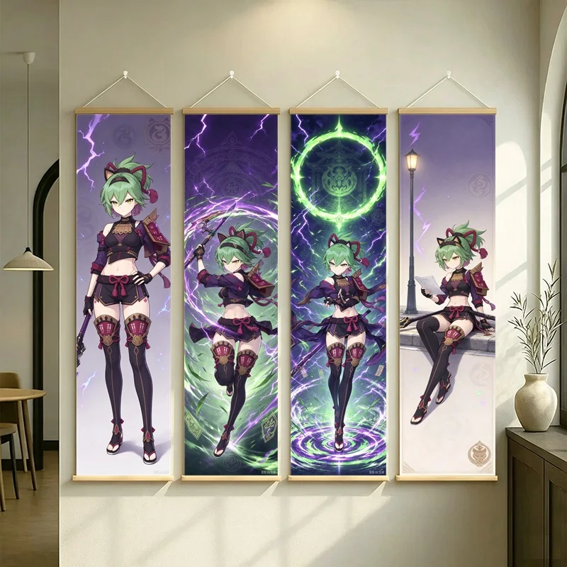 Hanging Scroll Wall Art of Genshin Impact Kuki Shinobu with Green and Violet Glow on Silver Shimmer Canvas for an Anime Bedroom