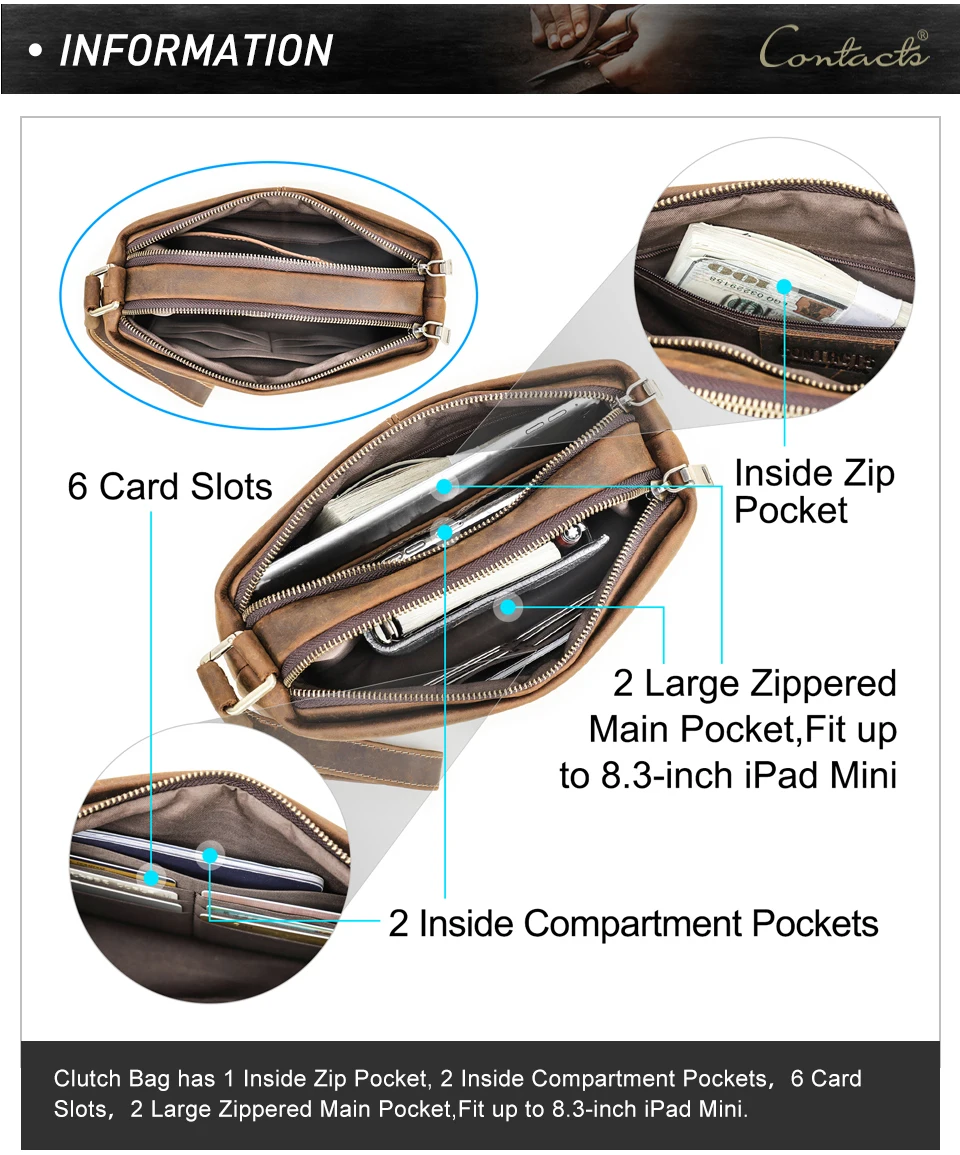 CONTACT'S Vollnarbenleder Herren-Handgelenktasche mit Doppelreißverschluss, Reise-Organizer, große Kapazität, handgefertigte Herrentasche – Detail 5