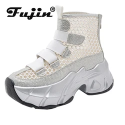 Fujin 7cm Air Mesh Denim 2024 Synthetic Breathable Ankle Boots Summer Hollow Ziper Boots Woman Fashion Shoes Comfortable Sandals