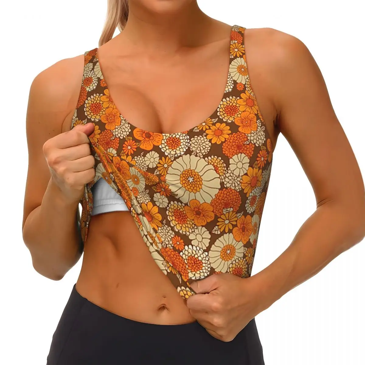 เสื้อกล้ามออกกำลังกายสไตล์วินเทจยุค 70 ลายดอกเดซี่สีส้มและน้ำตาล สำหรับผู้หญิง ออกกำลังกาย โยคะ รองรับแรงกระแทกสูง