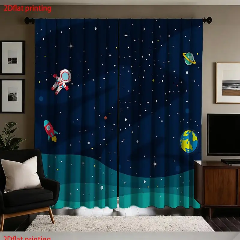 2pcs Space Galaxy Curtains for Kids Room Stars Planets Cosmic Nursery Decor Window Treatment Pair Curtain