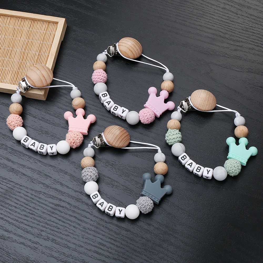 Baby Pacifier Clips Silicone Crown Beads Nursing Teething Dummy Nipple Holder Soother Chain Wooden Clip Holder Accessories