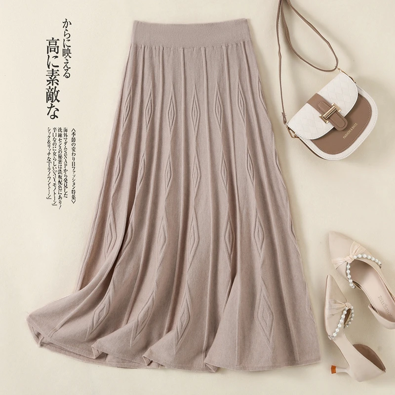 

Autumn Winter Women Skirt Plaid Knitted Pleated Skirt Casual Elastic High Waist A-line Midi Long Skirt Solid Color 2025
