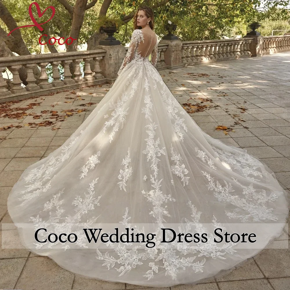 Customised Elegant A-Line Wedding Dresses Scalloped Long Sleeve Vestido De Novia Lace Appliques Vintage Bridal Gown