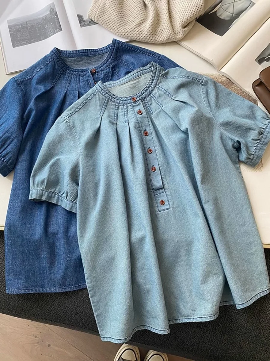 Retro Cotton Denim ort Sve irt Damen Loose Fit Casual Top Vintage Sle Sommer Neuankömmling Schlankheitseffekt