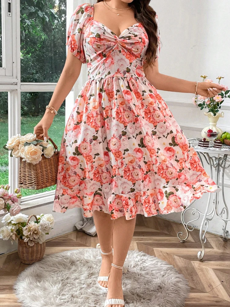 فستان نسائي صيفي مقاس كبير مطبوع عليه زهور رومانسي للعطلات، تنورة ماكسي كاجوال أنيقة لقضاء العطلات #5
