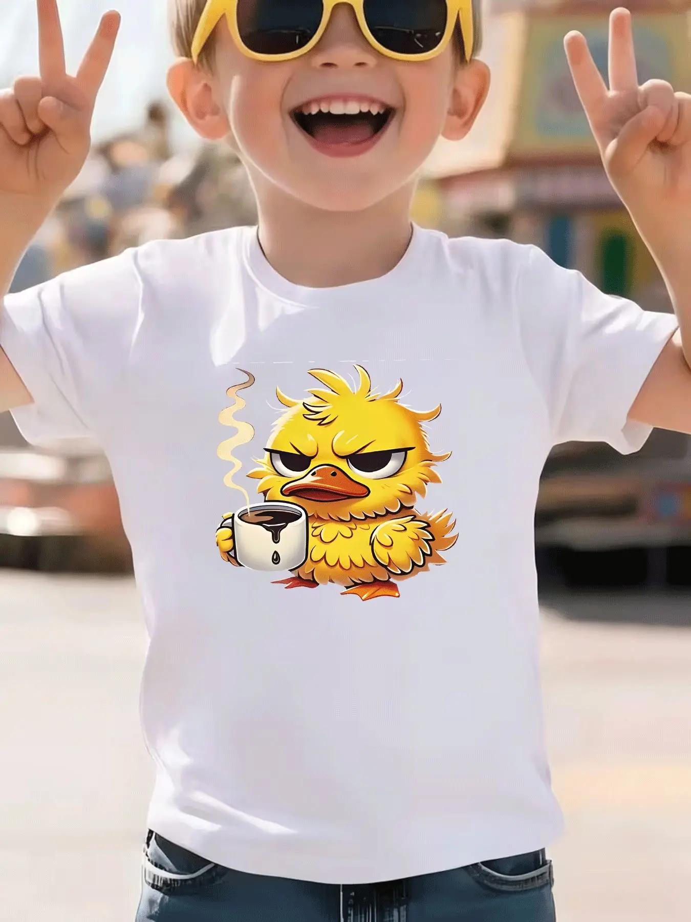 Casual Trendy Cartoon Duck Coffee Pattern T-shirt Children's Fashion Creative Summer Round Neck T-shirt Casual Parent Child Top