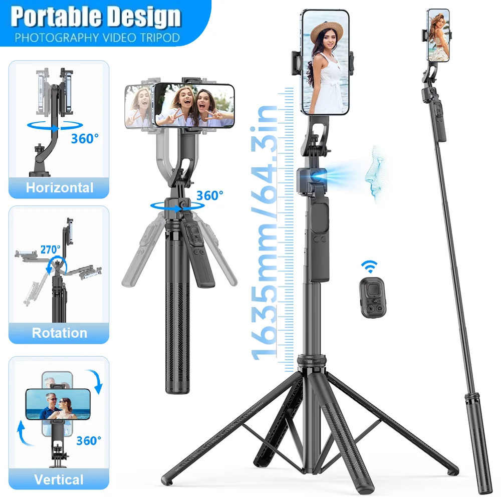 163cm/64.3''Portable Selfie Tripod Wireless Remote Stabilizer 360°Rotation Facial Tracking Gimbals for Video Record Live Stream