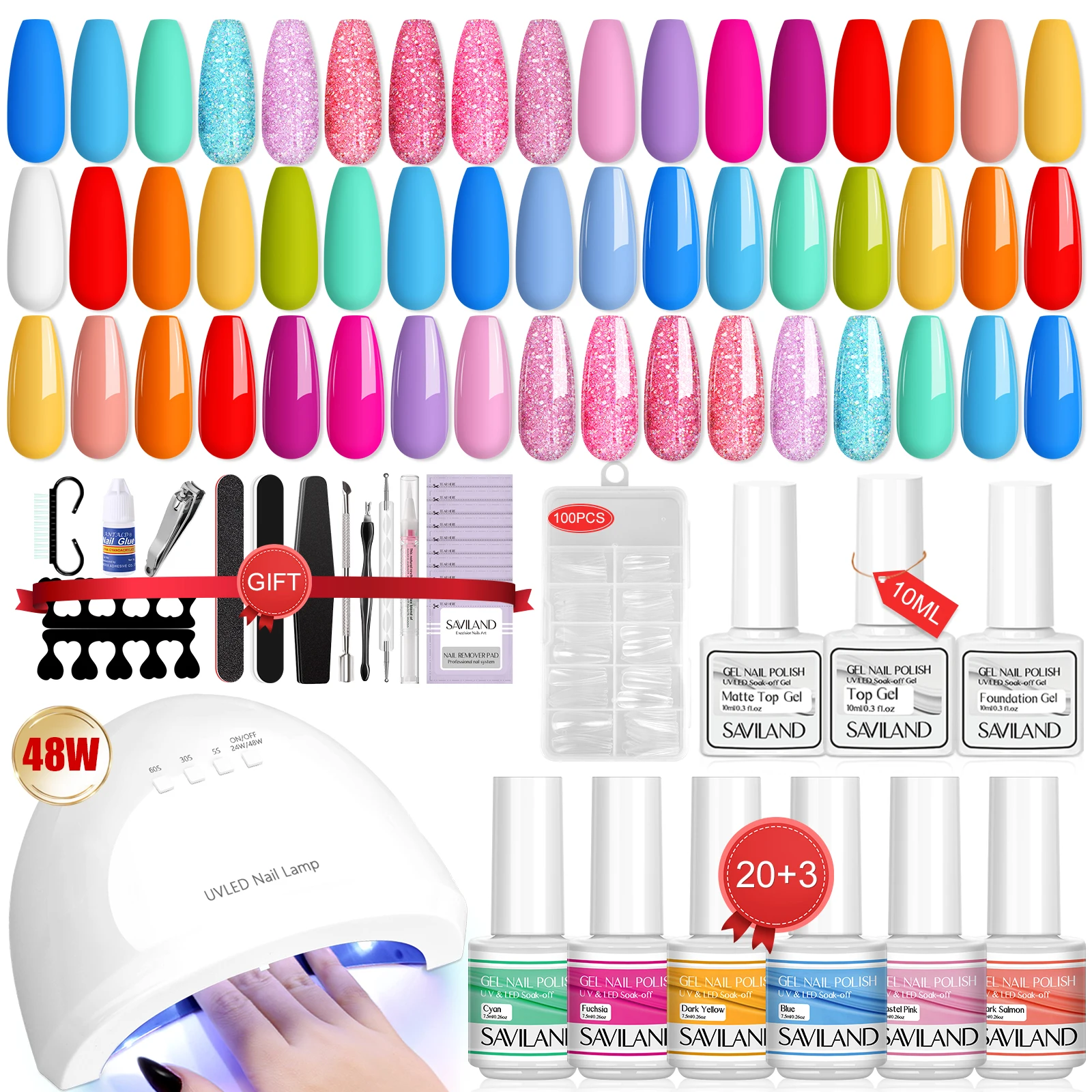 Saviland Gel Nail Polish Kit With 110V 48W UV Nail Lamp 20 Colors Gel Polish Nail Faster Castor Oil Base Top Coat Manicure Tools