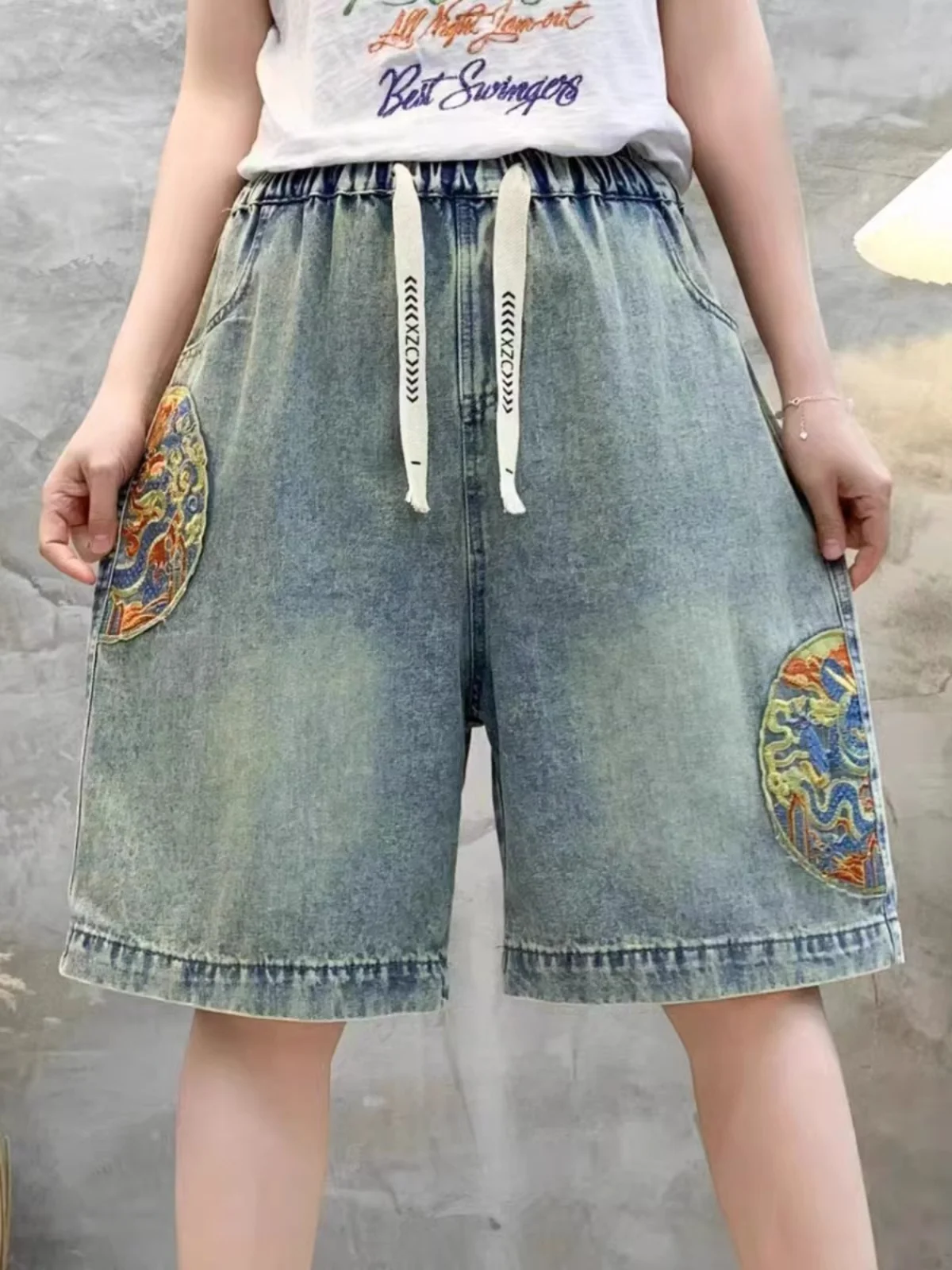 

Джинсовые орты с вышивкой в стиле ретро, женские свободные широкие брюки пять четвертей с высокой талией, синие летние новые брюки