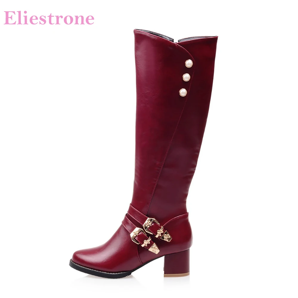 Brand New Fashion Red Black Women Knee High Motorcycle Boots 2 inch Heels Lady  Shoes HL21 Plus Small Big Size 12 31 45 52