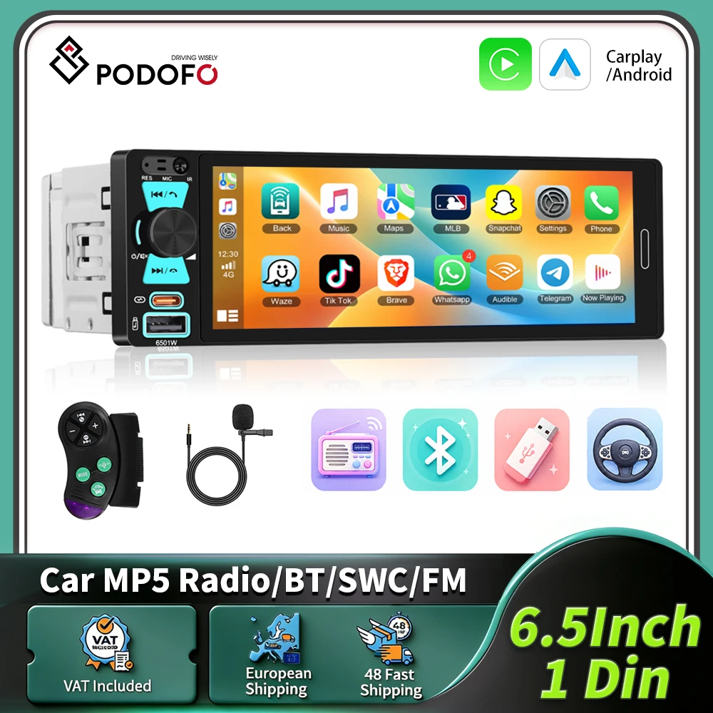 Podofo 1Din 6,5 Zoll Autoradio Kabelloses Carplay Android Auto Intelligentes Autosystem MirrorLink Universeller Auto-MP5-Player HD-Touchscreen Multimedia-Player Audio-Stereo-EQ BT-Unterstützung USB