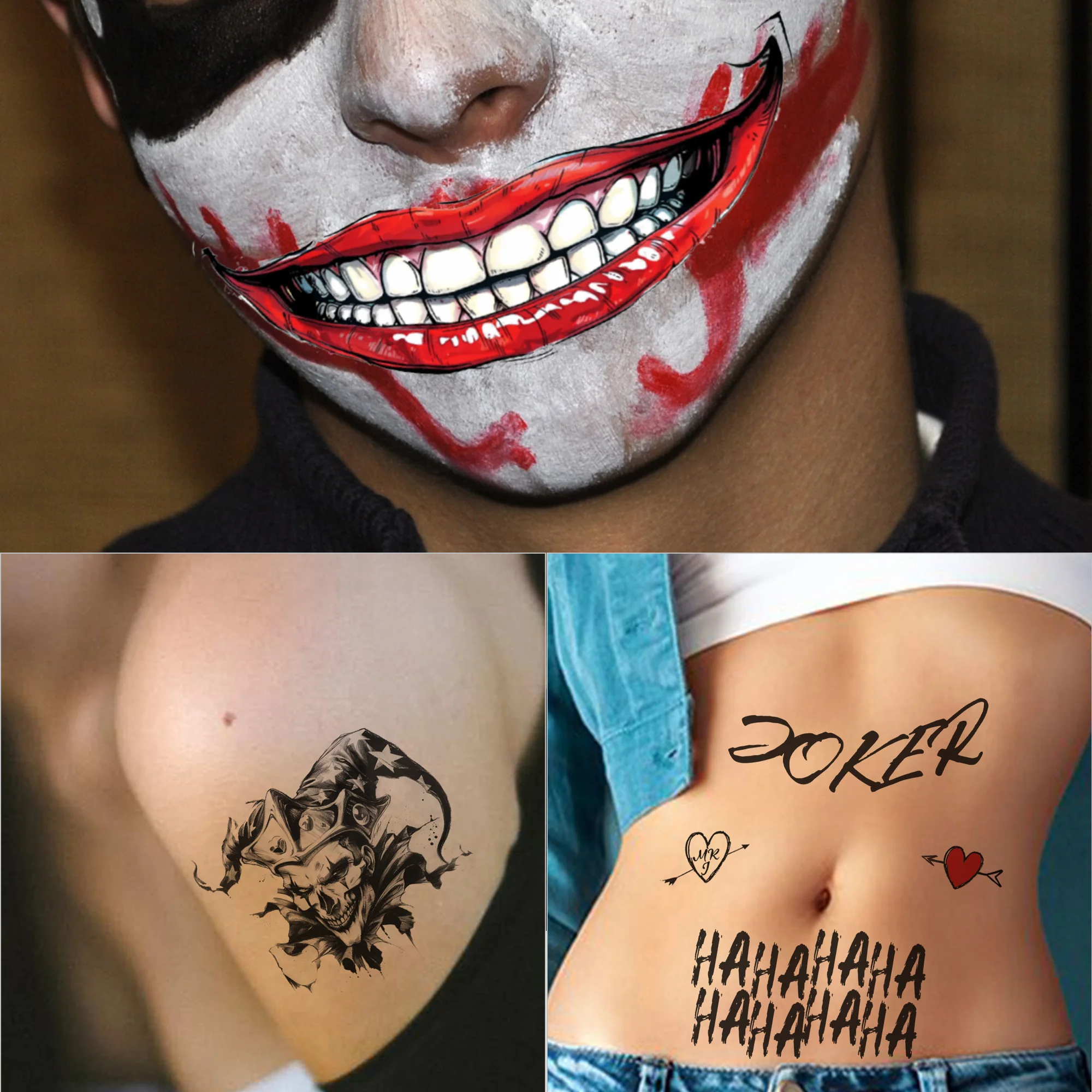 Joker Tattoos 8 Sheets, Halloween Temporary Tattoos for Men, Suuisidde Sqquadd Fake Tattoo Stickers For Adults