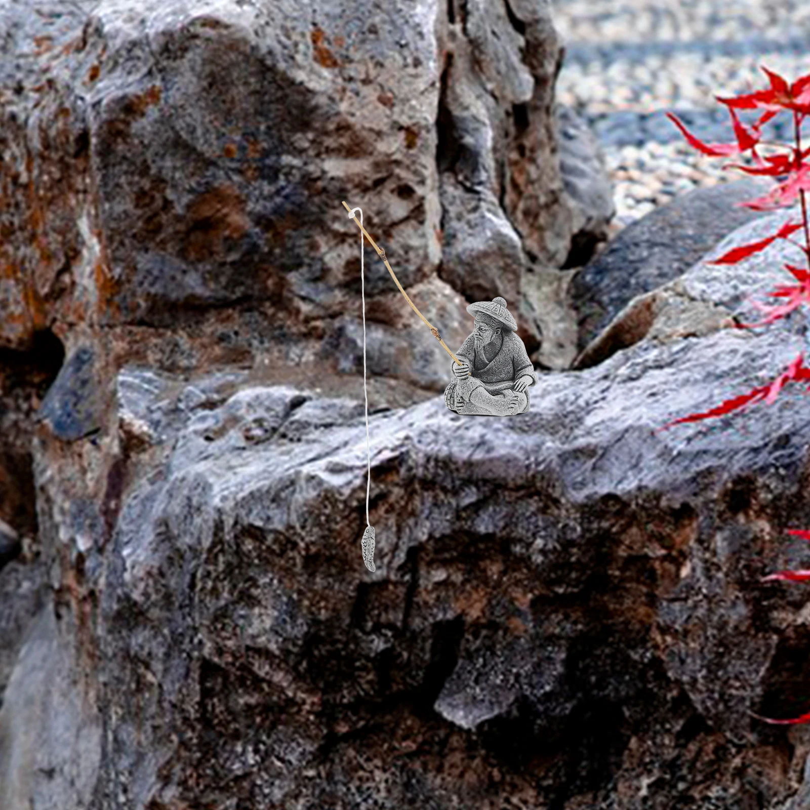 

Small Sandstone Fisherman Sculpture for Outdoor Patio Bonsai Tank Decoration Tranquil Fishing Scene Garden Accessory