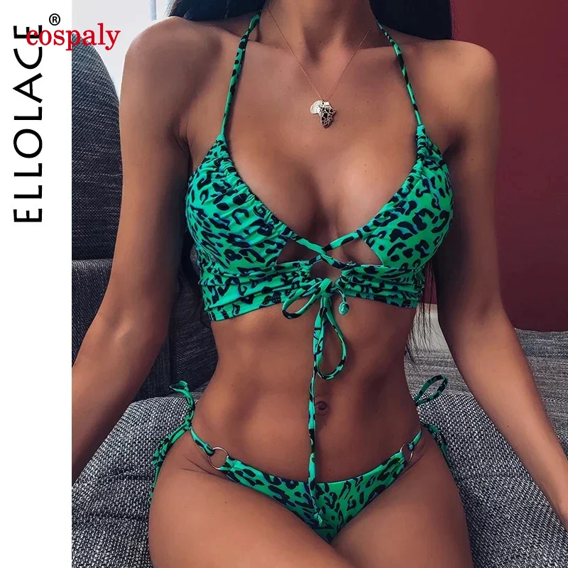 Um ellacace animal biquíni push up roupa de banho feminina leopardo bandagem sexy banho feminino monokini halter sem costas maiô