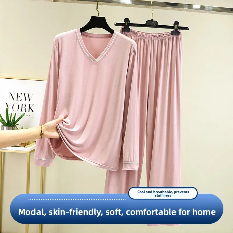 

Women's Modal Long Sve Spwear Set V-Ne Loose Fit Thin Home Clothes Large Size Two-Piece Suit Comfortable Summer Night...