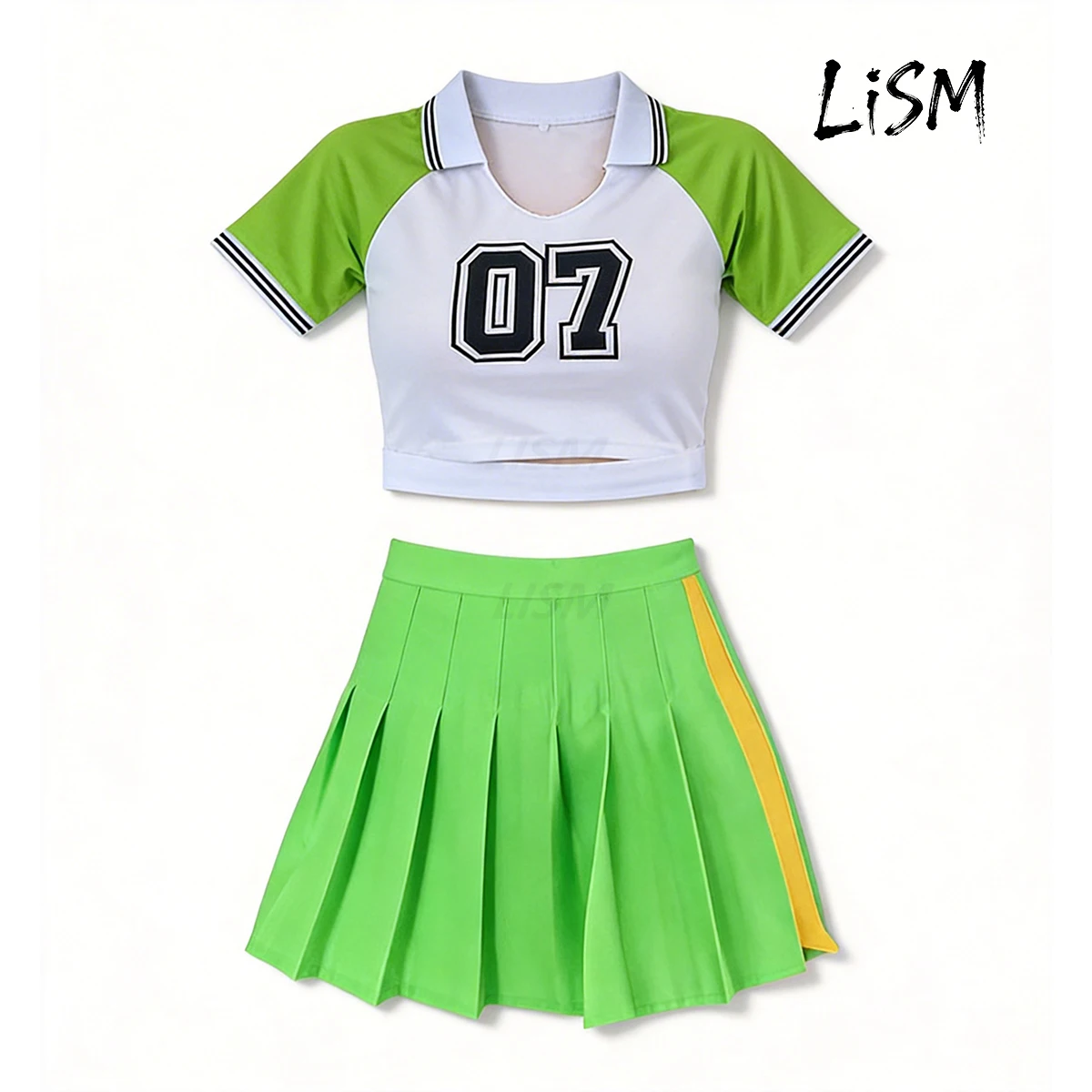 

LISM Sexy Women's Cheerleading Uniform Set - Crop Top (07 Print) Green Pleated Skirt Sporty for School/Dance/Cheer/Cosplay