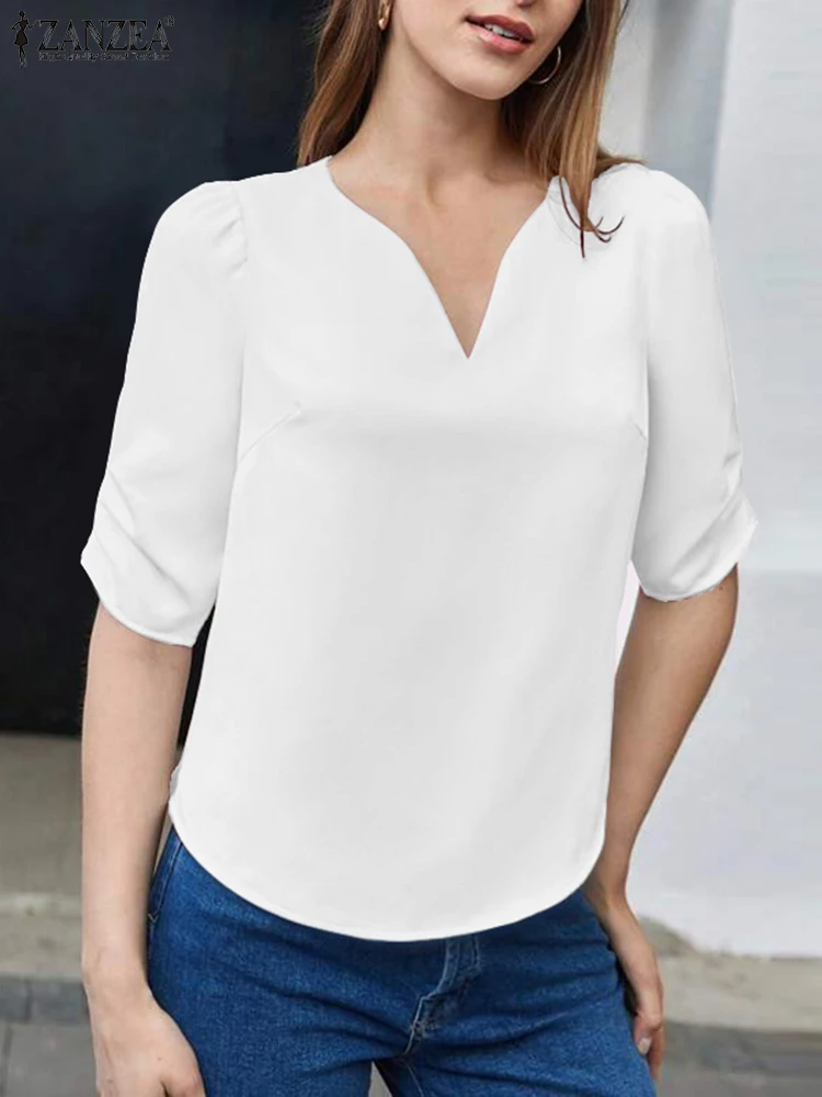 ZANZEA Women Puff Short Sleeve Blouse Solid Fashion V-Neck Blusa 2024 Summer Elegant Casual Shirt Female Office Sweety Top Tunic