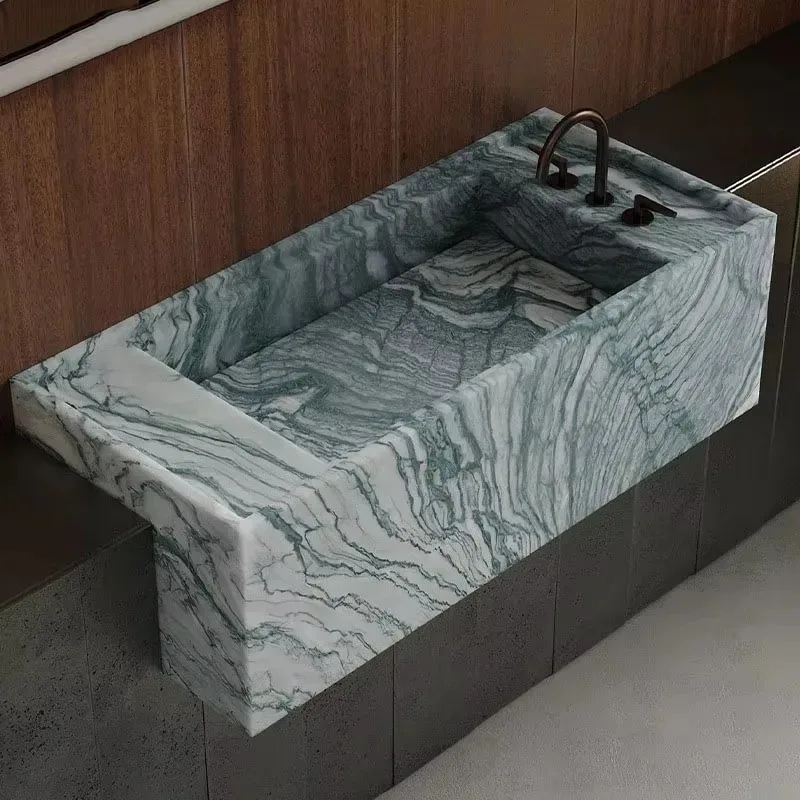 Luxury Green Natural Marble Wall Hung Integrated Sink, Solid Stone Wash Basin with Natural Veins for Modern Home Bathroom