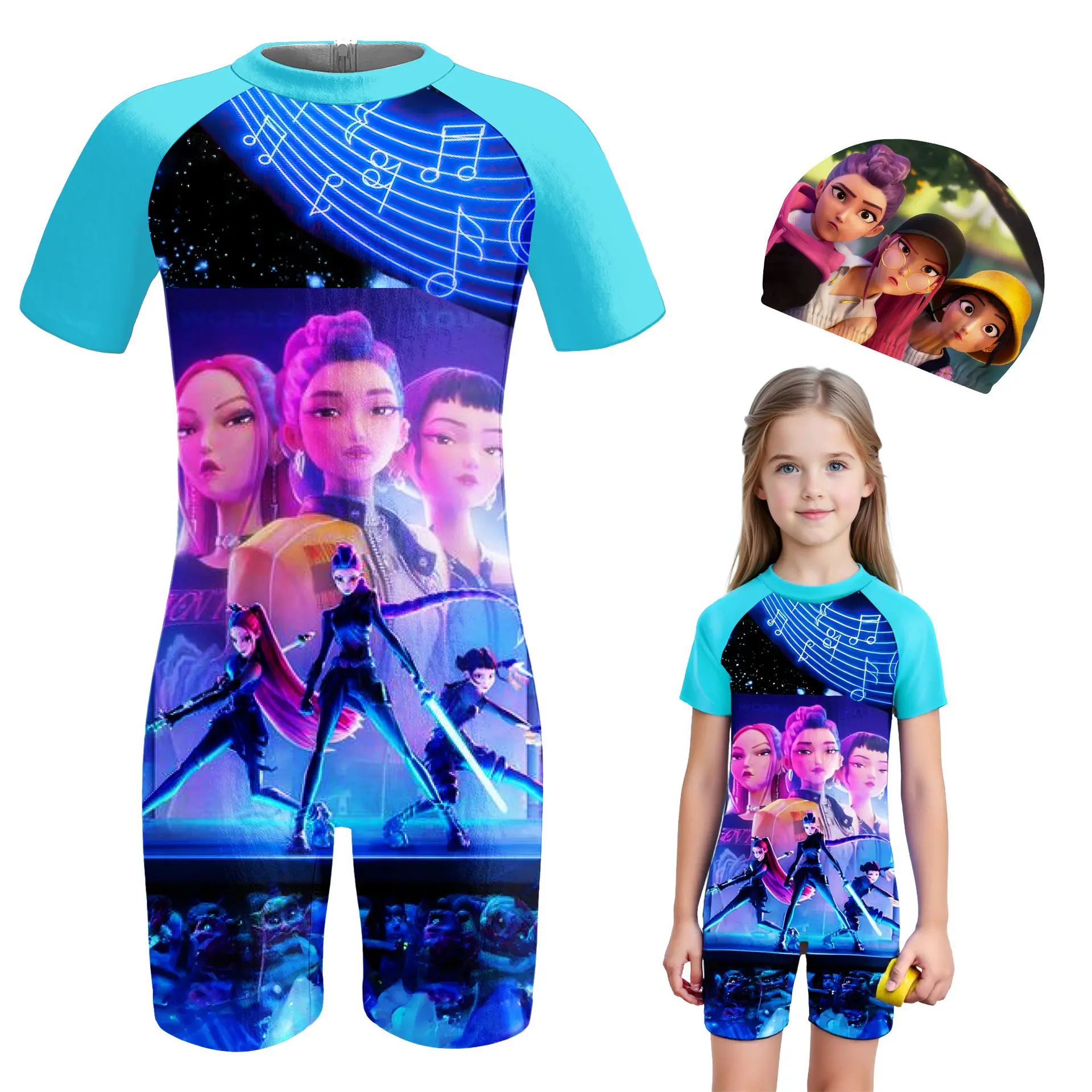 

Цельный купальник для девочек с мультяшным принтом, с короткими рукавами, с защитой от солнца, с шапочкой для плавания, детский пляжный купальный костюм