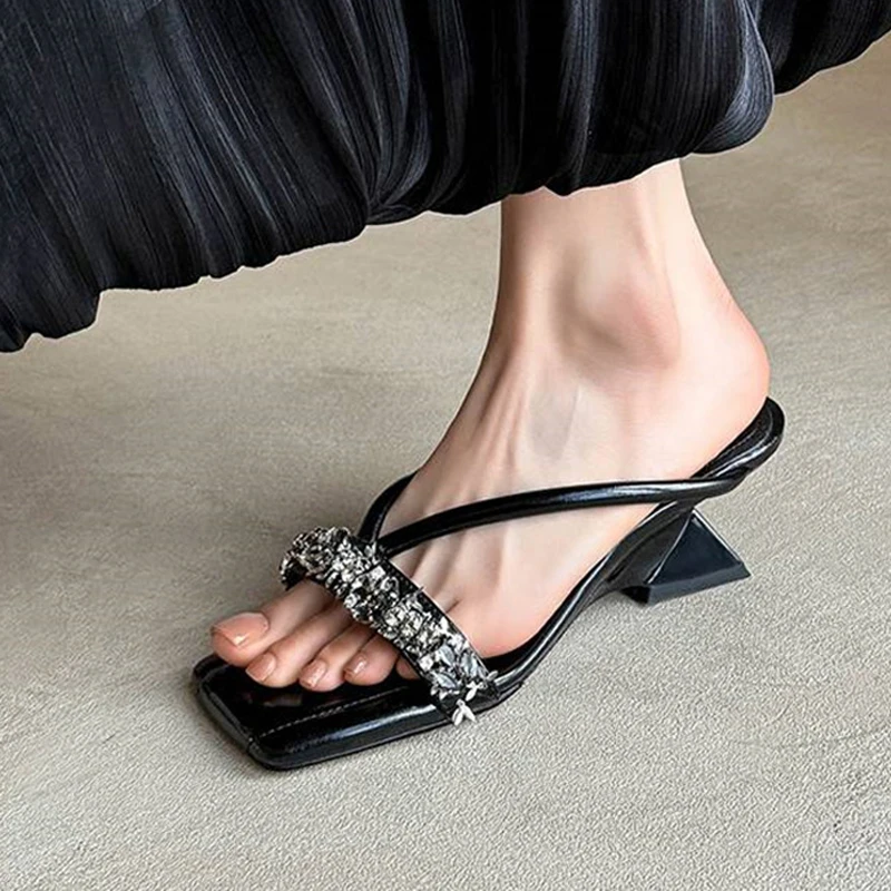 الفضة النساء الكعب البغال الصنادل الجلود الناعمة عالية الكعب أحذية الصيف النساء النعال خمر المفتوحة تو الشرائح حجر الراين FE21 #2