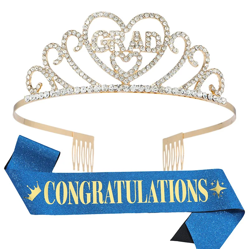 

Congratulations Decoration Student Graduate Crown Tiaras Gold Blue Congratulation Satin Sash Girl Boy Graduation Party Supplies