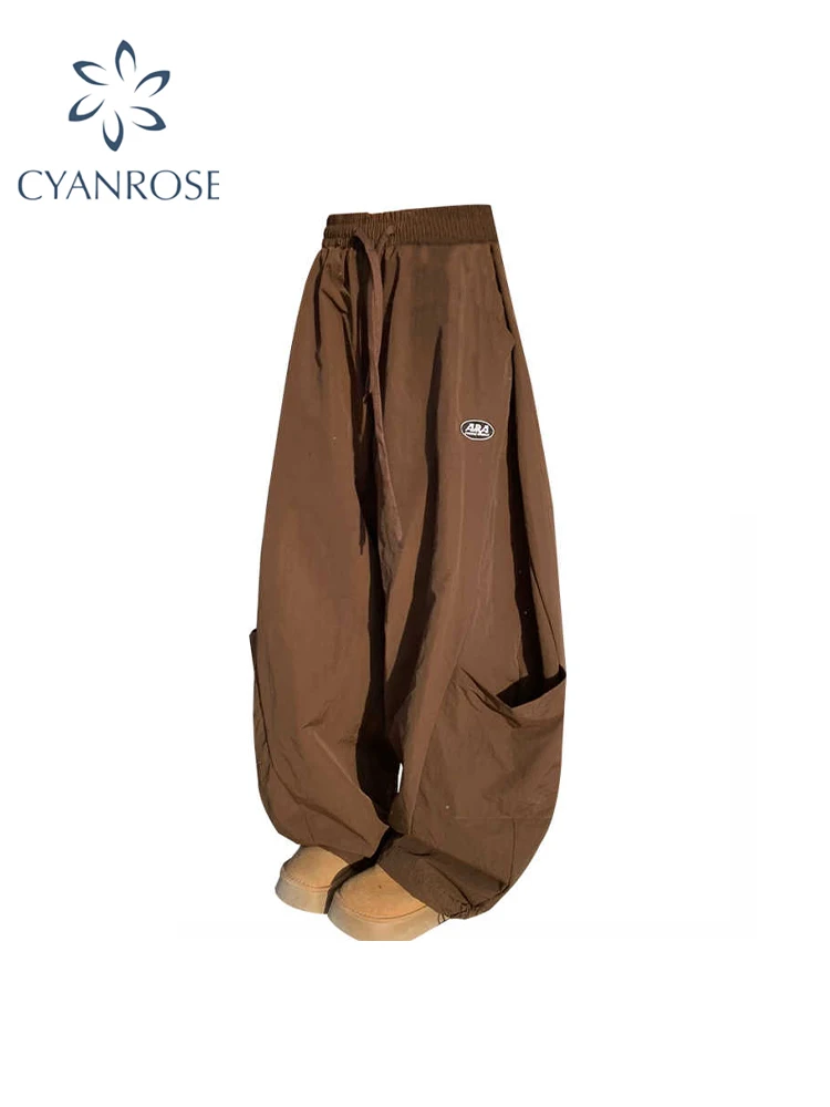 Women Brown Cargo Pants Baggy Oversize Wide Leg Parachute Pants Harajuku Japanese 2000s Style Y2k Vintage Trouser Trashy Clothes