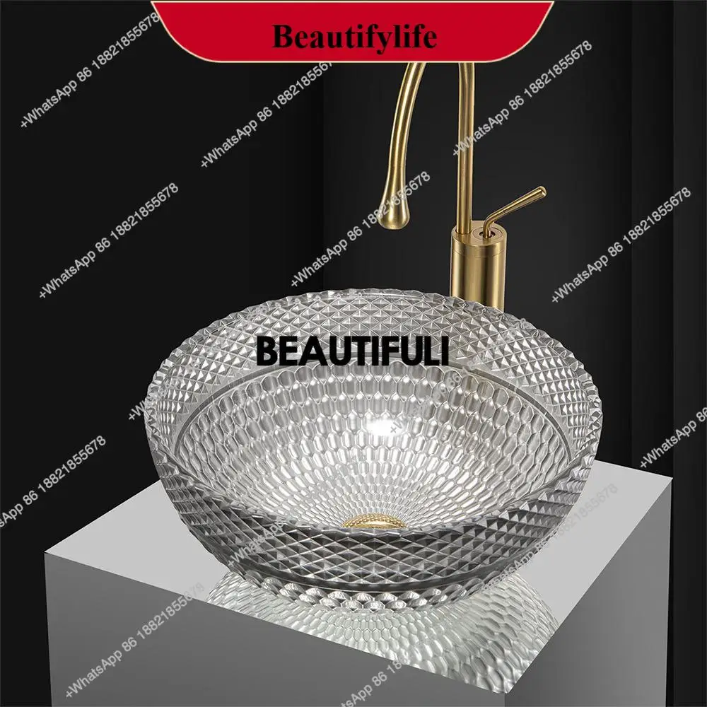 

F185 Nordic style glass washbasin, light luxury round countertop basin, creative honeycomb grid patterned washbasin