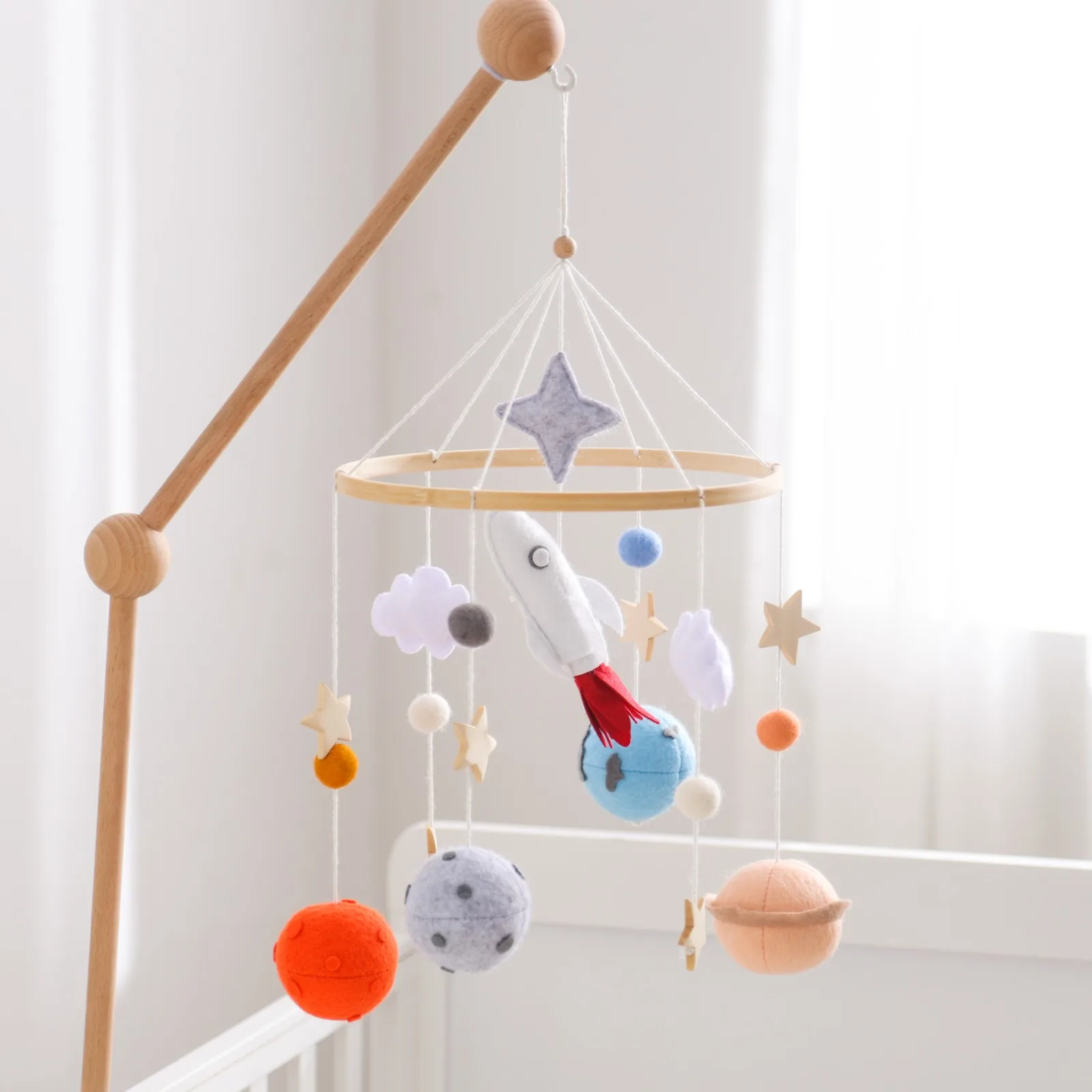 Baby Mobile Holder, Upgraded Wooden Arch with Crochet Hanging Rattle Toys for Newborns 0-12 Months, Baby Shower Gift
