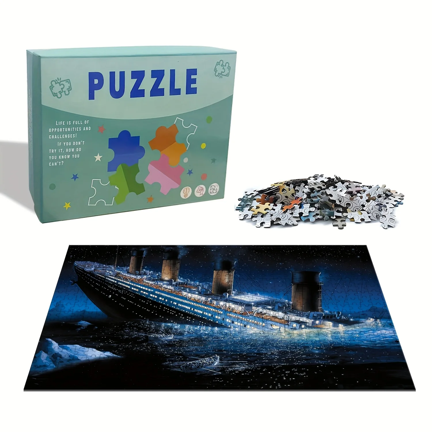 1000 قطعة من أحجية غرق تيتانيك - رؤية ليلية غامرة على شكل جليد ونجوم، مقاومة للخدش، سهلة الحمل، 19.25 × 26.75 بوصة