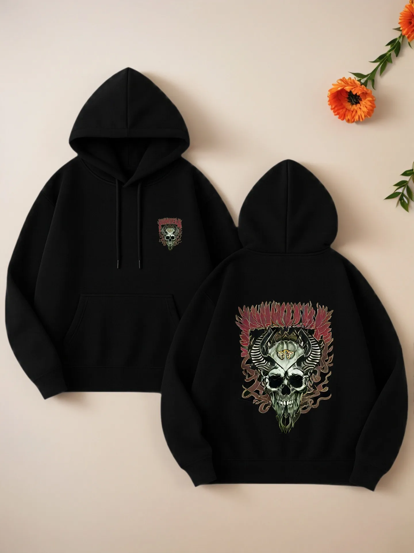 

Graphic Hoodie, Skull Graphic Print, Grunge Style, Cotton Blend, Casual Everyday Wear, For Young Men