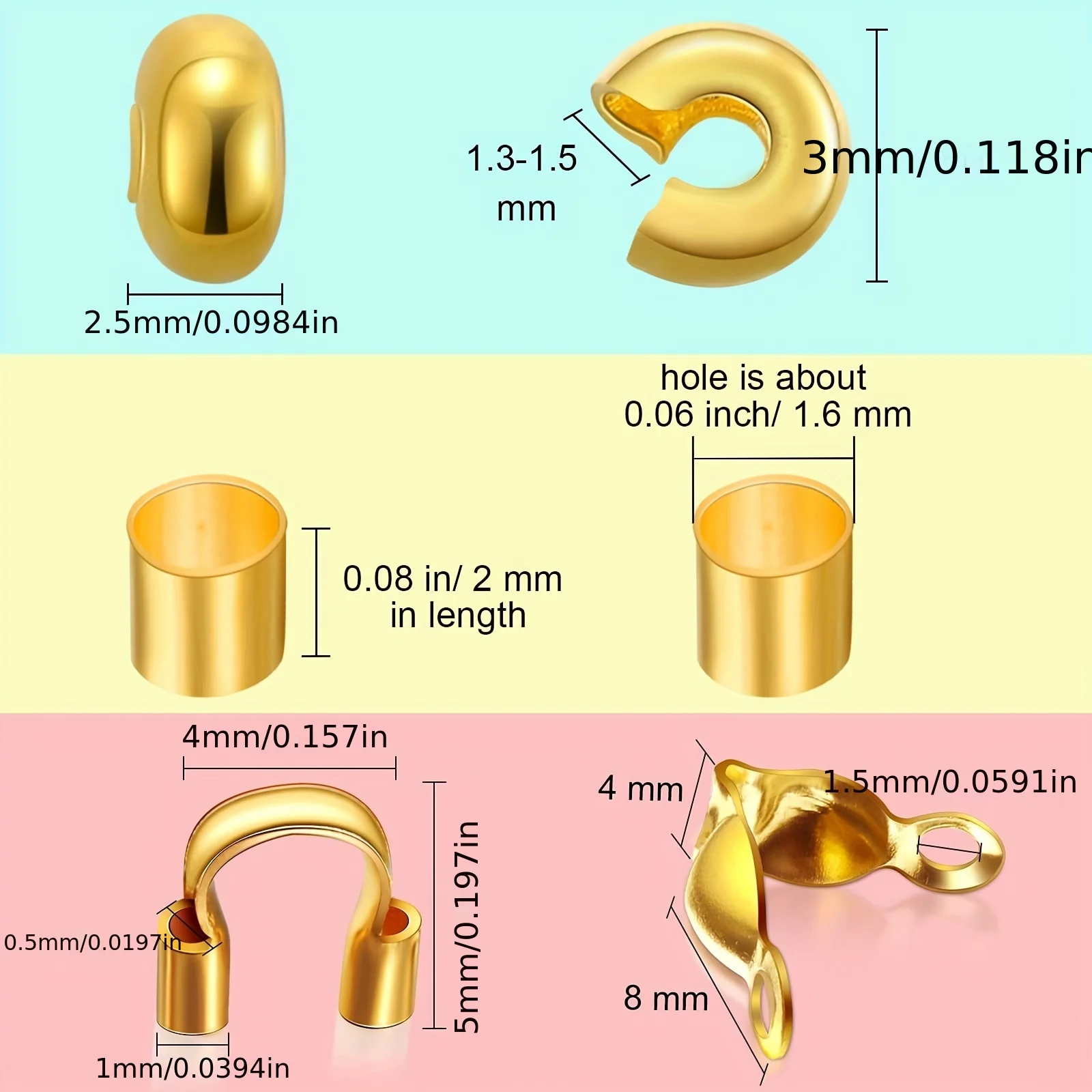 ​​DIY Jewelry Kit - 1800pcs Brass Findings: Crimp Beads, Wire Guardians, Tubes, Bead Tips, Knot Covers (Assorted Colors)​​