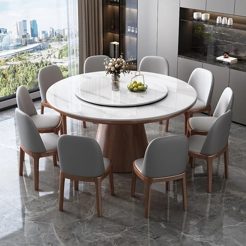 

Rock Plate Dining Table and Chair Combination Modern Simple and Light Luxury Household Circular Solid Wood with Turntable