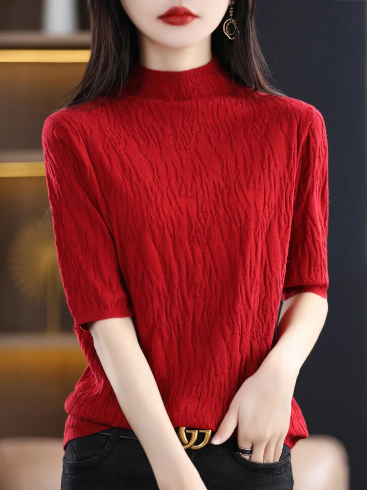 Women's Wool Knitted f High Collar Five Sve Base irt ort Sve Top Textured Spring Autumn New Sle Snowy eep Brand