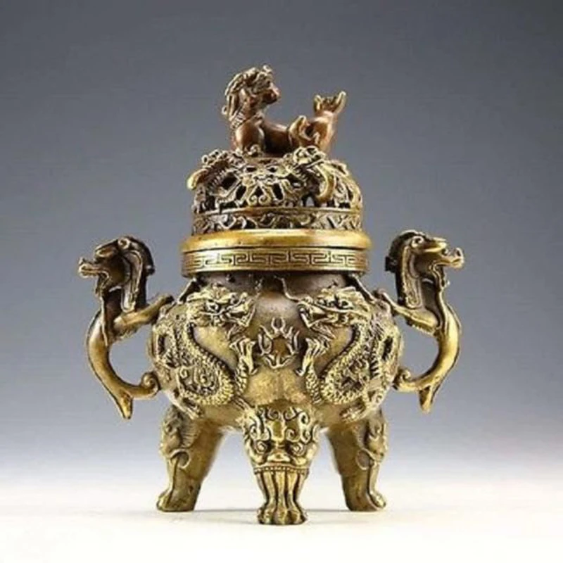 Elaborate Chinese collection ancient brass decoration dragon tiger statue incense burner