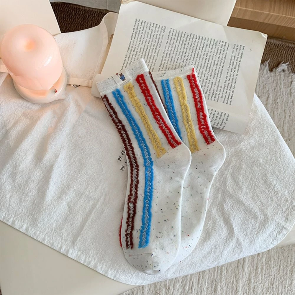 3Pairs Fashion Cute Mid-calf Socks Bear Patchwork Women's Stockings Stripe Mid Tube Cotton Socks Winter