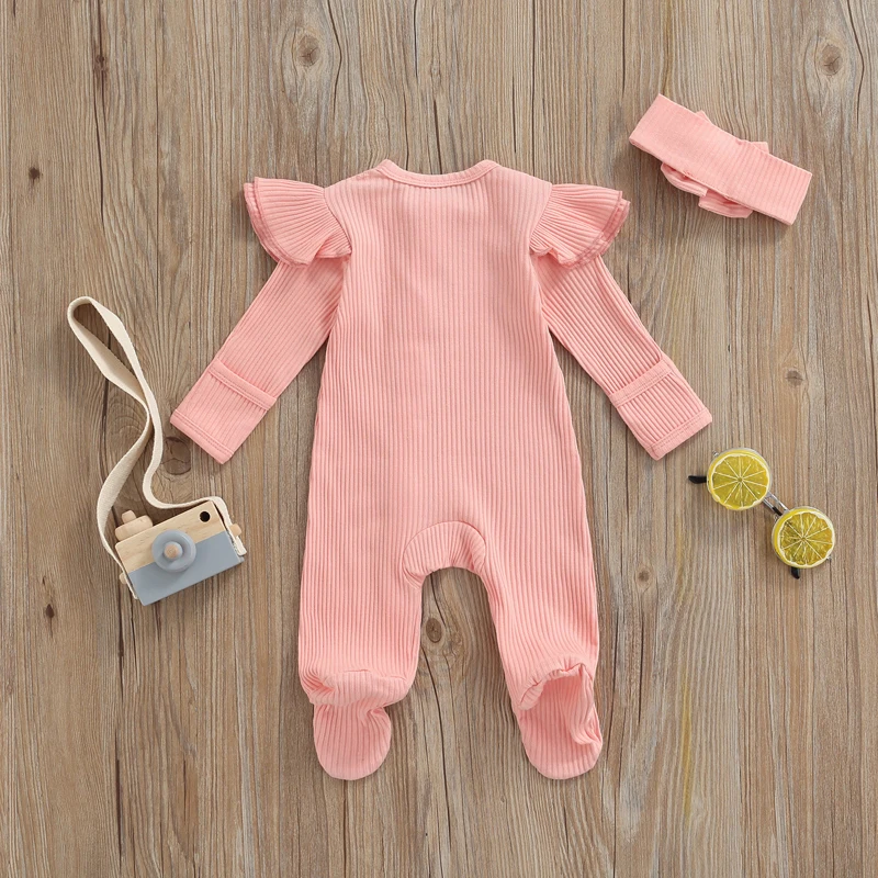 Autumn Baby Girls Boys Rompers Winter Clothes Solid Color Ribbed Crew Neck Long Sleeve Toddler Fall Bodysuits Footed Jumpsuits