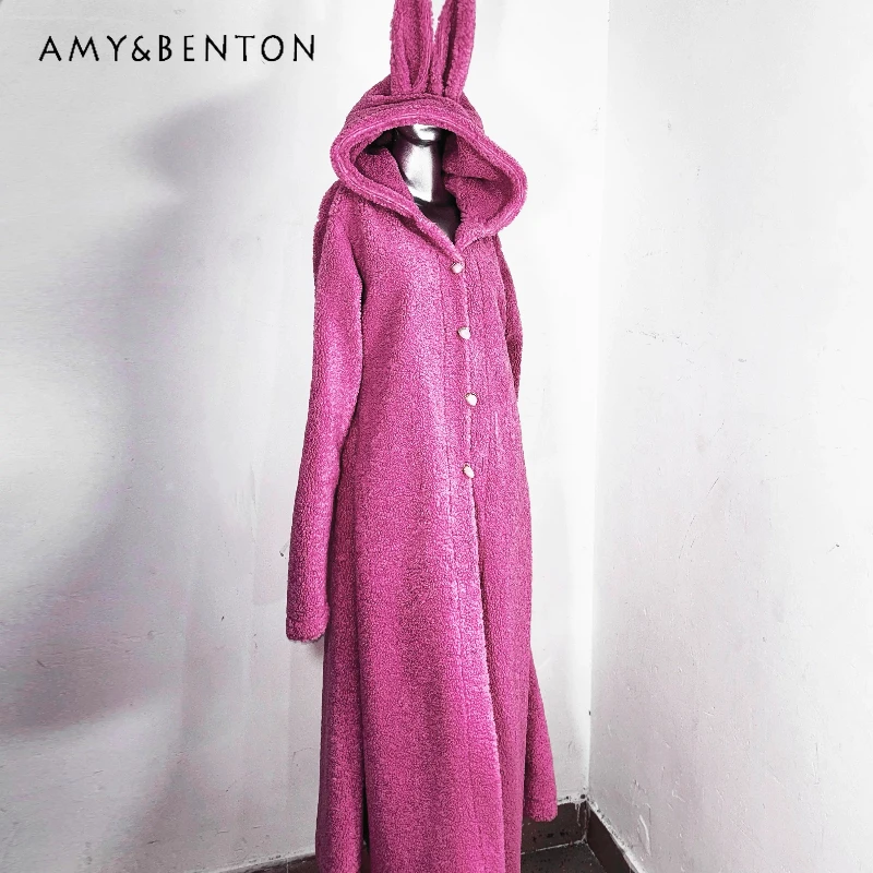 

Original Design Pink Subculture Women's Clothing2025 Autumn Winter New Sweet Cool 3D Ear Hooded Thickened Plush Coats Ladies