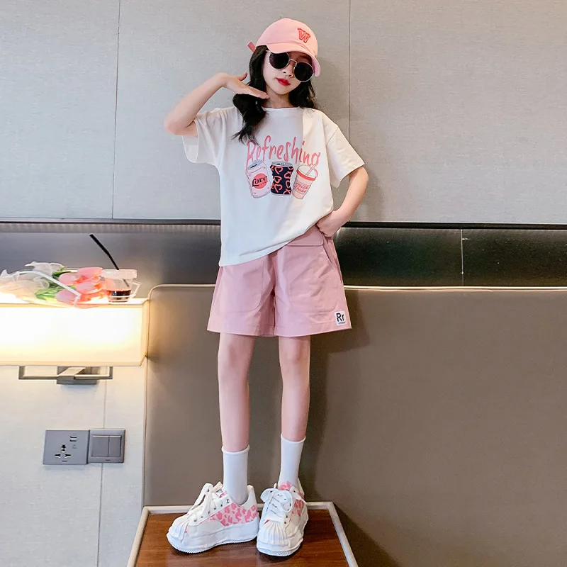 

2024 Korean Summer Children Girl Sport Suit School Girl Cartoon Printed Loose Tee+Breathable Shorts Junior Girl 2PCS Clothes Set