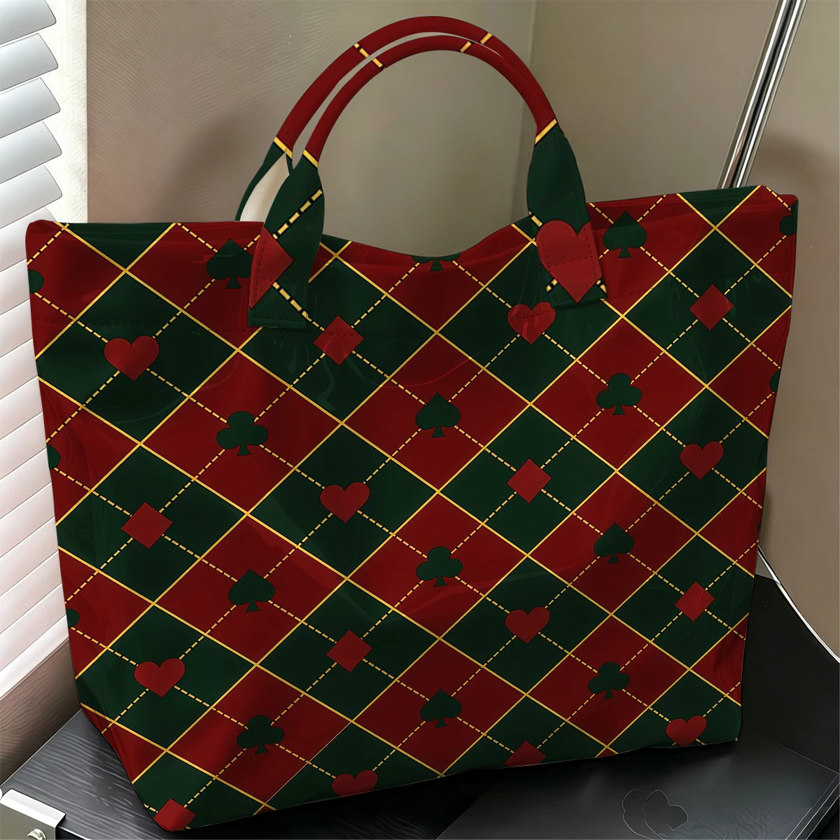 Card Suit Argyle Stylish Large Glossy PVC Tote Bag Washable Waterproof Durable Ideal for Travel Commute Cosmetics Books Handbags