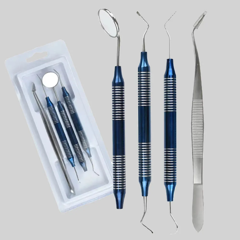 

Набор из 4 стоматологических инструментов из нержавеющей стали: скребок для удаления зубного камня, инструмент для удаления налета, зонд для осмотра полости рта для домашнего ухода и чистки зубов
