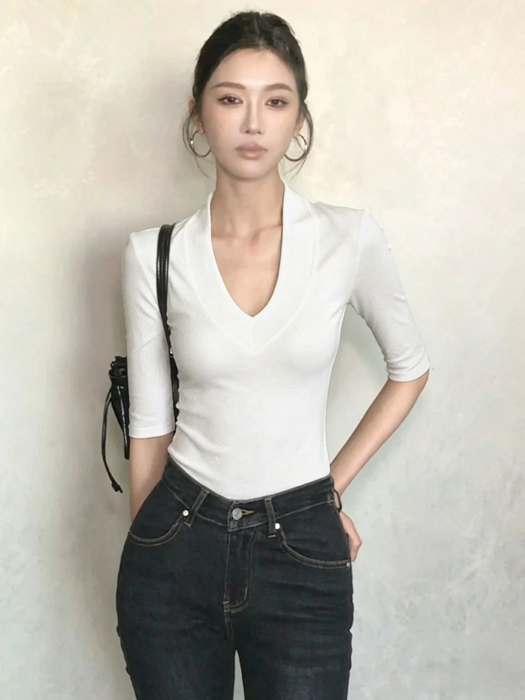 Slim Fit V-Neck Mid-Sleeve T-Shirt 95% Cotton Women's Top Summer New Style plus Size Flattering Base Layer Shirt
