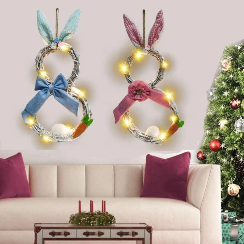 

Rabbit Garland Easter Rattan Ring With Lights Rabbit Ears Rattan Circle Wreath Ornaments Front Door Wall Decor Luminous Pendant