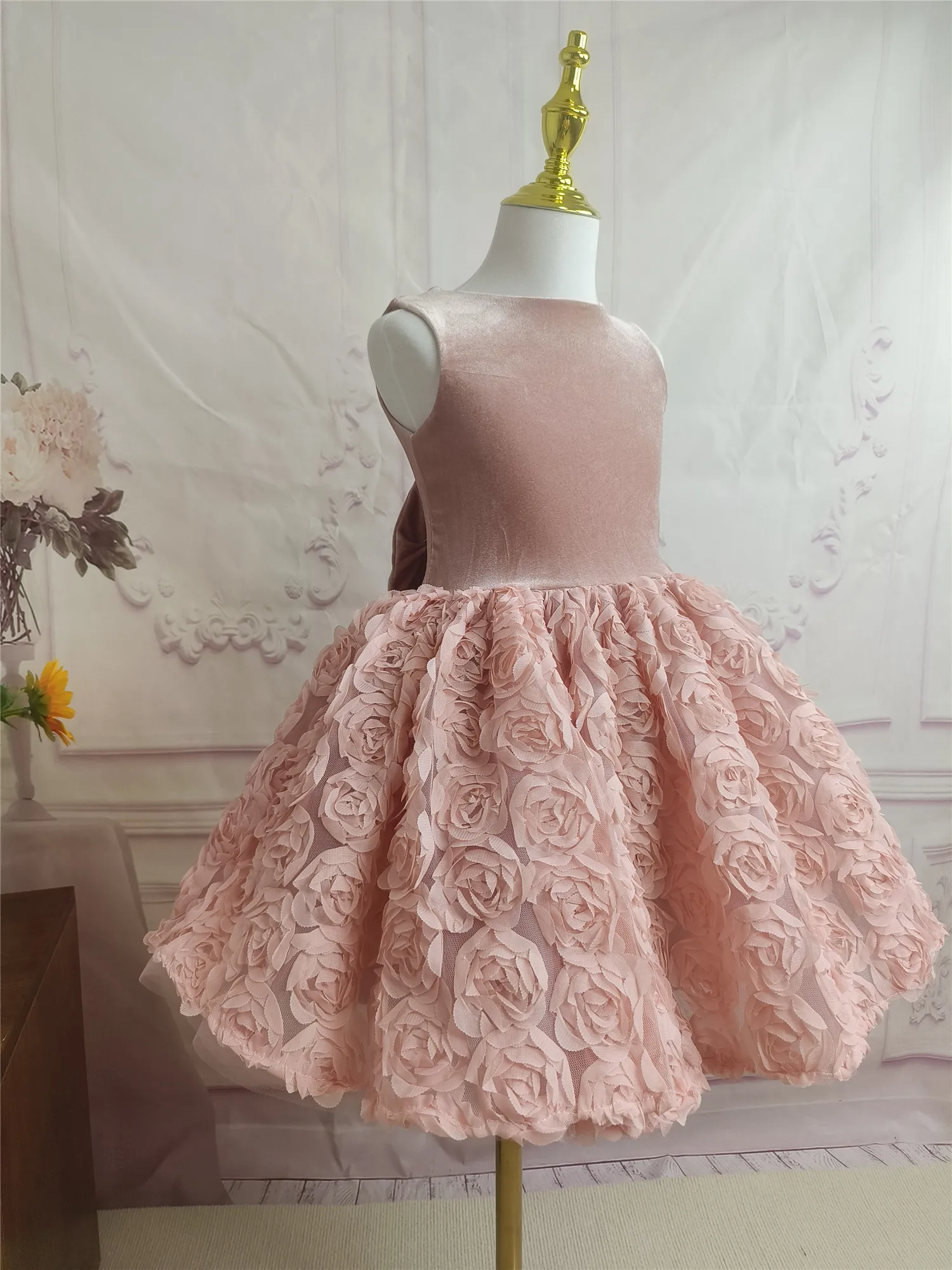 Girls' Sleeveless Lace Tutu with Big Bow, Princess Party Dress, Rosa, Flor, Casamento, Aniversário, Crianças